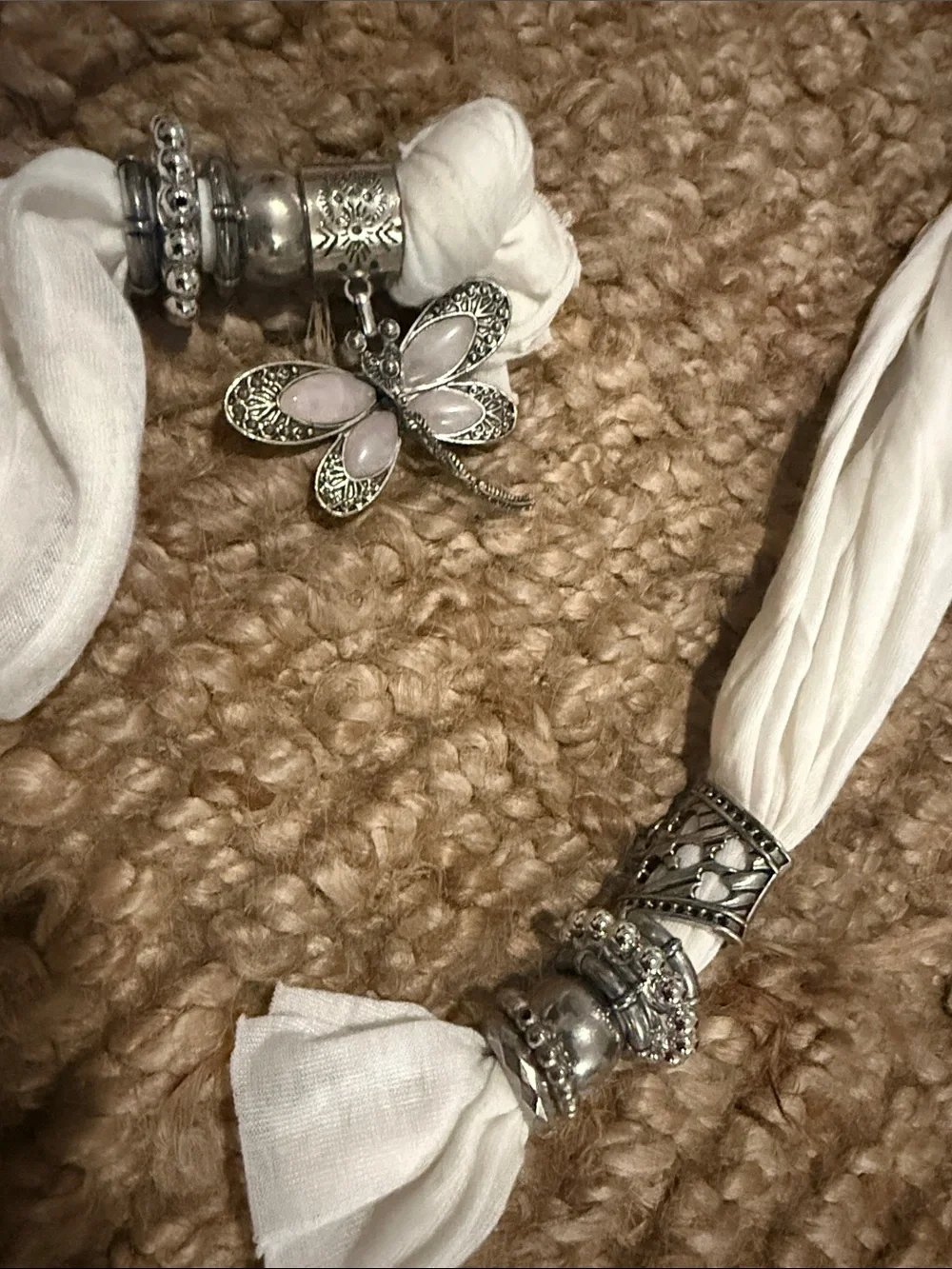 White Scarf Belt with Silver Dragonfly Charm Silver Accents LIKE NEW